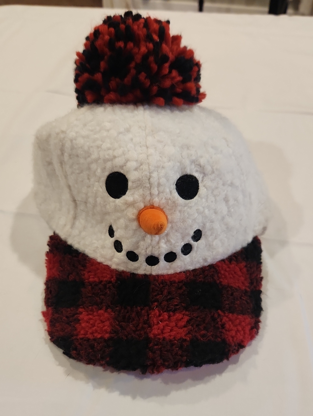 Holiday Time Snowman Pom Pom Hat - White, Red, Black